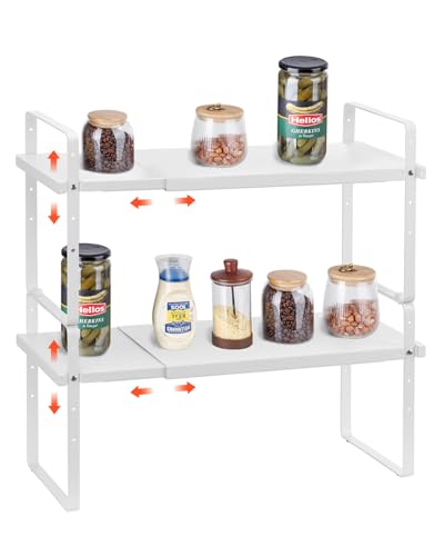 VEVOR Adjustable Kitchen Cabinet Shelf Organizer, Expandable 2 Tier Cabinet Shelf, Stackable Countertop Organizers and Storage Risers, Pantry for Kitchen Bathroom Office, White