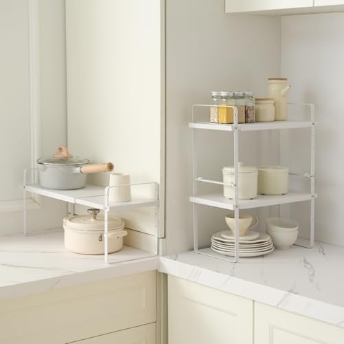 VEVOR Adjustable Kitchen Cabinet Shelf Organizer, Expandable 2 Tier Cabinet Shelf, Stackable Countertop Organizers and Storage Risers, Pantry for Kitchen Bathroom Office, White