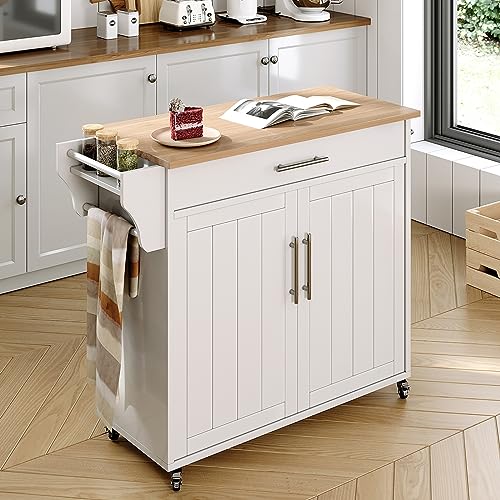 Kitchen Island with Storage, Wooden Countertop Rolling Kitchen Island On Wheels Storage Cabinet, Mobile Kitchen Island Cart with Towel Rack, Spice Rack and Drawers, White