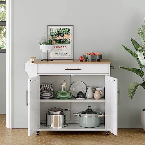 Kitchen Island with Storage, Wooden Countertop Rolling Kitchen Island On Wheels Storage Cabinet, Mobile Kitchen Island Cart with Towel Rack, Spice Rack and Drawers, White