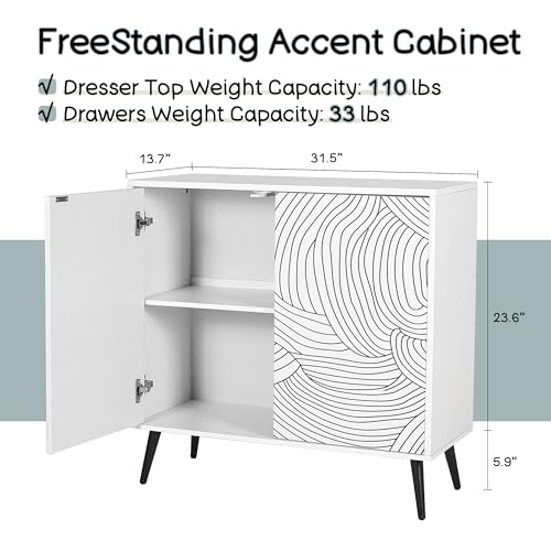 FNCK Wood Buffet Sideboard Cabinet with 2 Doors and Adjustable Shelves, Kitchen Organizers and Storage,Accent Cabinet for Living Room, Hallway, Entryway,White