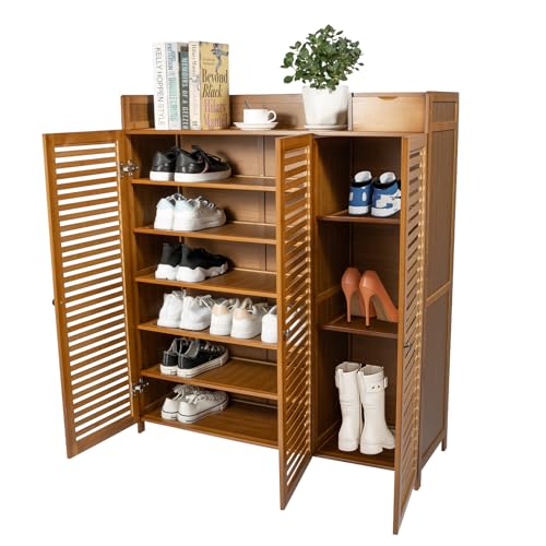 CHALIGHT Bamboo Shoe Cabinet 7 Tier Free Standing Shoe Storage Cabinet Shoe Organizers Shoe Storage Cabinet with Door for Entryway Hallway Living Room Bedroom (7 Tier)