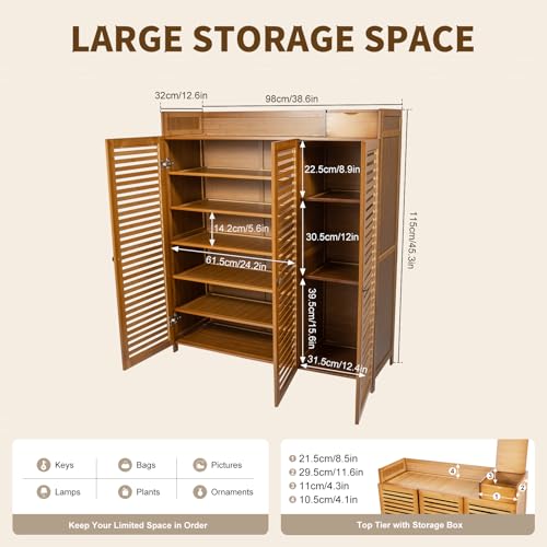 CHALIGHT Bamboo Shoe Cabinet 7 Tier Free Standing Shoe Storage Cabinet Shoe Organizers Shoe Storage Cabinet with Door for Entryway Hallway Living Room Bedroom (7 Tier)