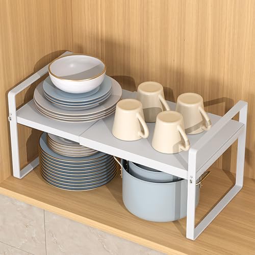 DKALIO Expandable Cabinet Shelf, Lengths Adjustable Shelf Organizer Riser, Metal Space-Saving Cupboard Organizers for Kitchen Cabinet Pantry Cupboard Under Sink Countertop, White