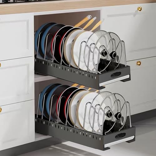 bealy 2 pack Pot Organizers Inside Cabinet Cabinet Pot Lids Organizer with 7 Adjustable Dividers,Slide Out Cabinet Organizer, Bakeware,Dish,Cookie Sheet Organizer