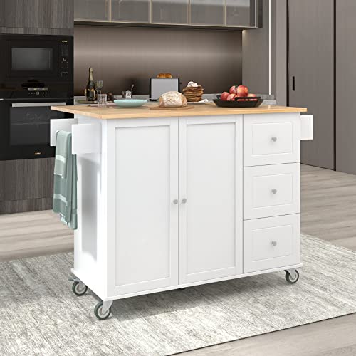 Tmosi Kitchen Island Cart with Storage on Wheels, Rolling Kitchen Island with Cabinet and Drop Leaf, Mobile Kitchen Island Table with Spice Rack, Towel Rack & Drawer for Dining Room Kitchen(White)
