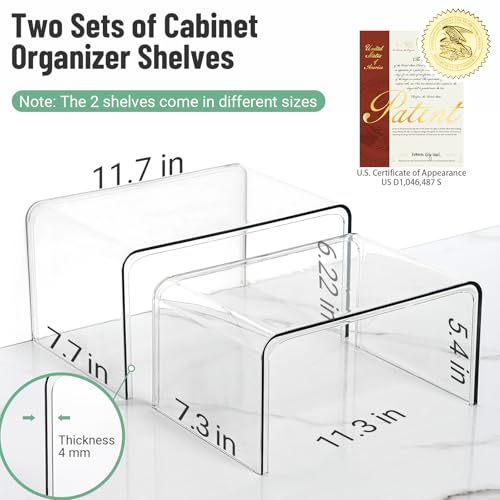 Clear Cabinet Organizer, Shelf Organizer Set of 2 for Kitchen Pantry Organizers and Storage, Display Cabinet Shelf Room Decor Countertop Desk Shelves, Patented Spice Organization for Cabinet