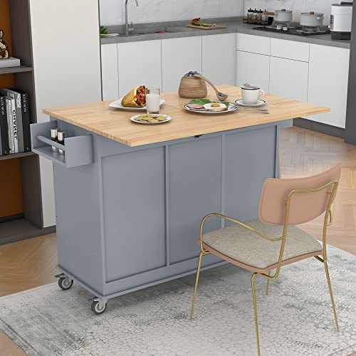 Kitchen Island with Storage, Moveable Kitchen Island Cart on Wheels, Rolling Kitchen Island with Drop Leaf, Storage Cabinet, Drawer, Spice Rack, Towel Rack for Kitchen(Grey)