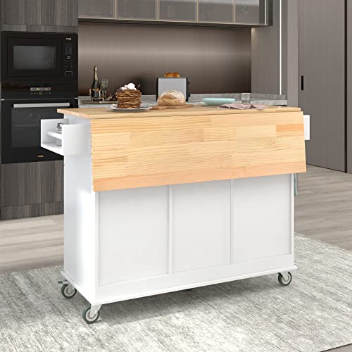 Tmosi Kitchen Island Cart with Storage on Wheels, Rolling Kitchen Island with Cabinet and Drop Leaf, Mobile Kitchen Island Table with Spice Rack, Towel Rack & Drawer for Dining Room Kitchen(White)