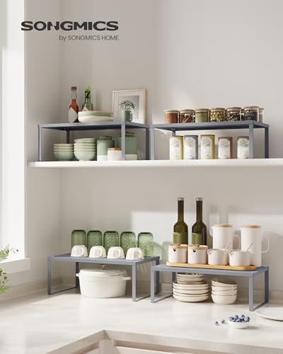SONGMICS Spice Racks, Set of 2 Metal Cabinet Shelf Organizers, Countertop Organizers, Shelf Risers, Stackable, Expandable