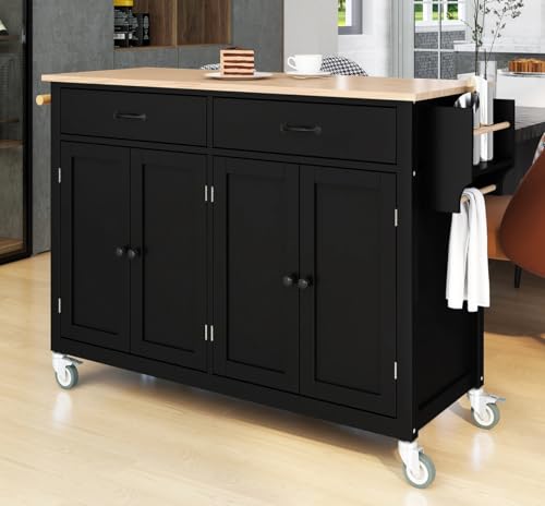 Hennhari Kitchen Island on Wheels with Solid Wood Top, Rolling Kitchen Island Cart, Kitchen Cart with Storage Cabinet, Mobile Island Table with Drawers for Kitchen Dining Room (TYPE2 Black)