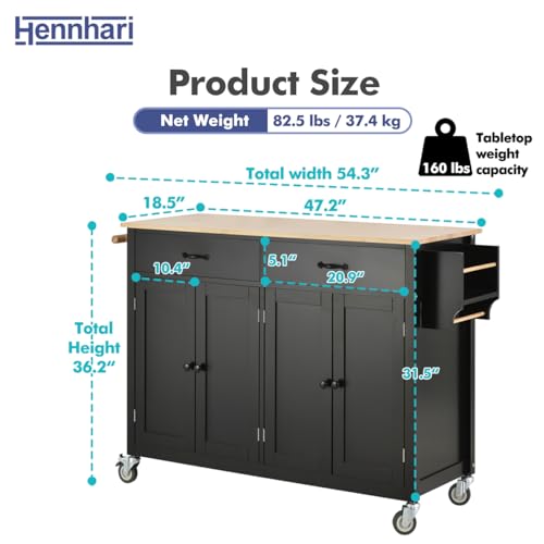 Hennhari Kitchen Island on Wheels with Solid Wood Top, Rolling Kitchen Island Cart, Kitchen Cart with Storage Cabinet, Mobile Island Table with Drawers for Kitchen Dining Room (TYPE2 Black)