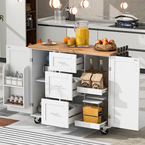RuiJinGen Kitchen Island with Wheels and Stationary, Rolling Kitchen Island with Storage Cabinet and Tower Rack, Island Table for Kitchen Mobile Island Farmhouse Island