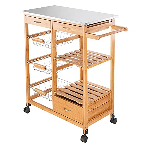ANTSKU Kitchen Island Cart with Baskets, Rolling Kitchen Island on Wheels with Storage, Kitchen Cart with Drawer, Brown