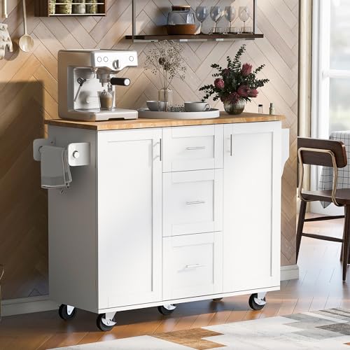 RuiJinGen Kitchen Island with Wheels and Stationary, Rolling Kitchen Island with Storage Cabinet and Tower Rack, Island Table for Kitchen Mobile Island Farmhouse Island