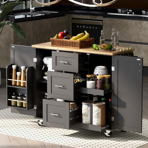 RuiJinGen Kitchen Island with Wheels and Stationary, Rolling Kitchen Island with Storage Cabinet and Tower Rack, Island Table for Kitchen Mobile Island Farmhouse Island