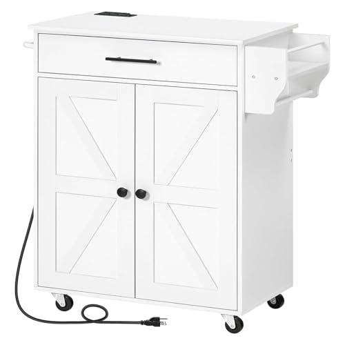 HOOBRO Kitchen Island with Power Outlet, Kitchen Storage Island with Large Worktop, Spice Rack and Drawer, Rolling Kitchen Island Cart on Wheels, for Kitchen and Dining Room