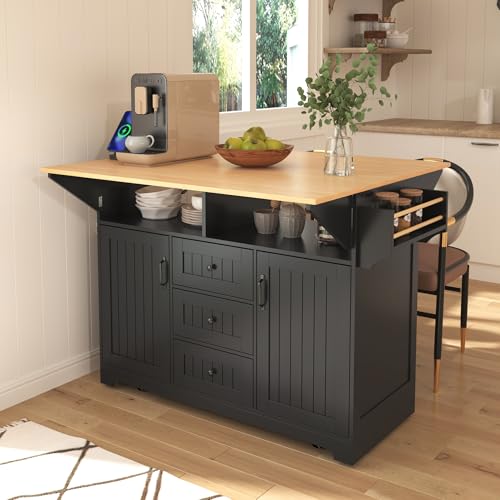 55.7'' Large Kitchen Island Cart with 2 Drop Leaf, Rolling Kitchen Island with Power Outlet, Spice & Towel Rack