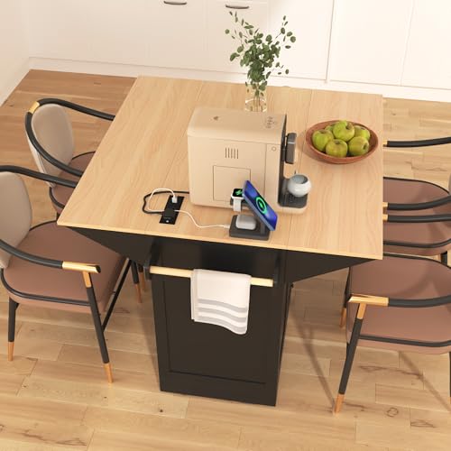 55.7'' Large Kitchen Island Cart with 2 Drop Leaf, Rolling Kitchen Island with Power Outlet, Spice & Towel Rack