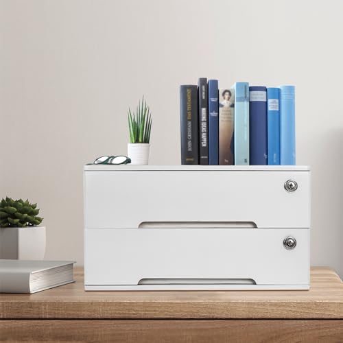 HAPPCUCOE Wooden Desktop Storage Cabinet,Desktop Storage Box with Lockable Drawers, Desk Organizers and Storage,File Cabinet for Office, Study (White)