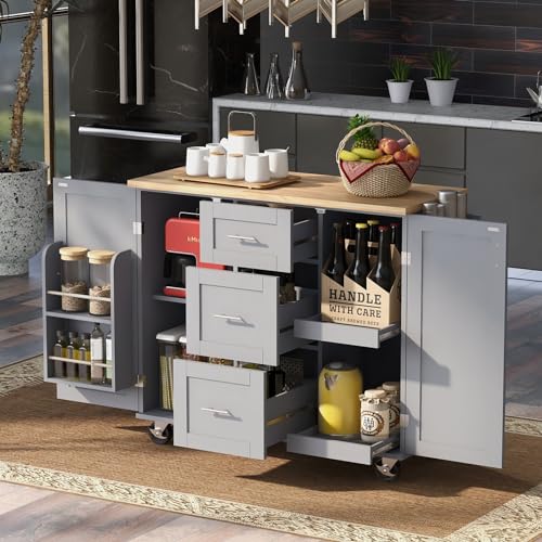 RuiJinGen Kitchen Island with Wheels and Stationary, Rolling Kitchen Island with Storage Cabinet and Tower Rack, Island Table for Kitchen Mobile Island Farmhouse Island