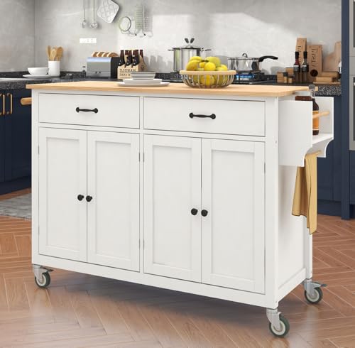 Hennhari Kitchen Island on Wheels with Solid Wood Top, Rolling Kitchen Island Cart, Kitchen Cart with Storage Cabinet, Mobile Island Table with Drawers for Kitchen Dining Room (TYPE2 White)