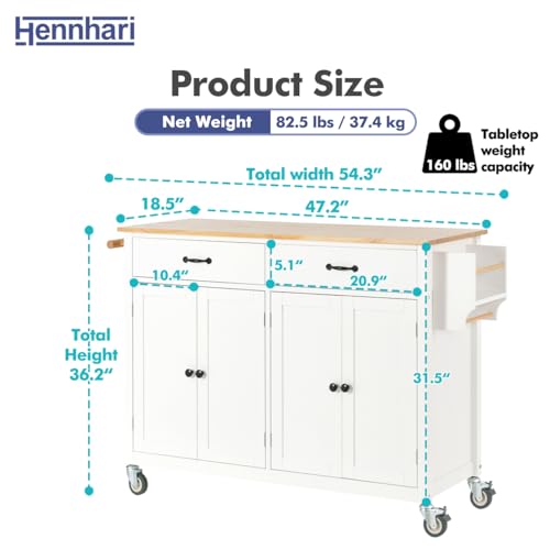 Hennhari Kitchen Island on Wheels with Solid Wood Top, Rolling Kitchen Island Cart, Kitchen Cart with Storage Cabinet, Mobile Island Table with Drawers for Kitchen Dining Room (TYPE2 White)