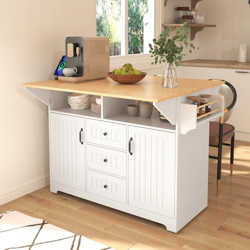 55.7'' Large Kitchen Island Cart with 2 Drop Leaf, Rolling Kitchen Island with Power Outlet, Spice & Towel Rack