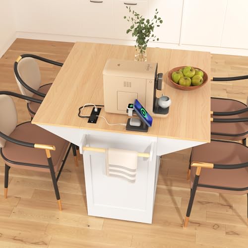55.7'' Large Kitchen Island Cart with 2 Drop Leaf, Rolling Kitchen Island with Power Outlet, Spice & Towel Rack