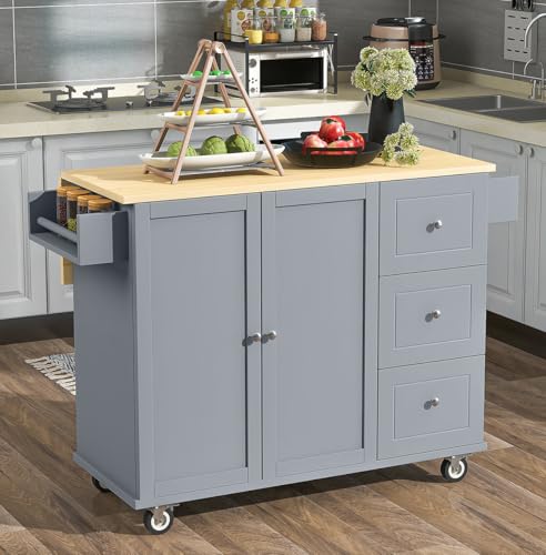 Hennhari Kitchen Island on Wheels with Drop Leaf, Rolling Kitchen Island Cart, Kitchen Cart with Storage Cabinet, Mobile Island Table with Drawers for Kitchen Dining Room (TYPE1 Grey Blue)