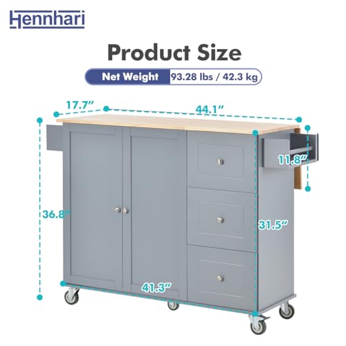 Hennhari Kitchen Island on Wheels with Drop Leaf, Rolling Kitchen Island Cart, Kitchen Cart with Storage Cabinet, Mobile Island Table with Drawers for Kitchen Dining Room (TYPE1 Grey Blue)