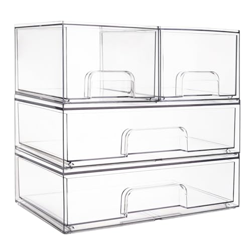 Decorniqu Clear Stackable Storage Drawers Organizers 4 Pack Makeup Organizer Plastic Organizers Bins Storage Makeup Case Pull-Out Drawers for Cosmetics Cabinet Kitchen Bathroom Office