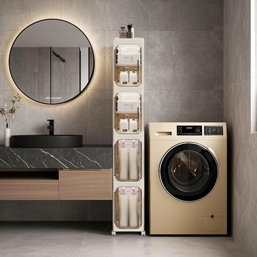Tall Narrow Storage Cabinet, Silm Bathroom Organizers with Wheels, Golden Handle, Anti-Tip Storage Cabinet with Adjustable Shelves for Kitchen, Laundry(4tier-Cream)