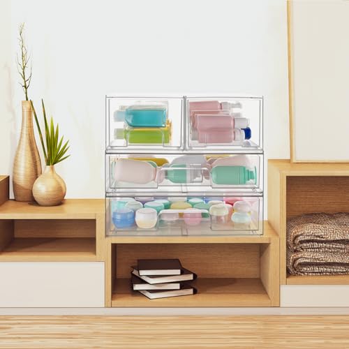 Decorniqu Clear Stackable Storage Drawers Organizers 4 Pack Makeup Organizer Plastic Organizers Bins Storage Makeup Case Pull-Out Drawers for Cosmetics Cabinet Kitchen Bathroom Office