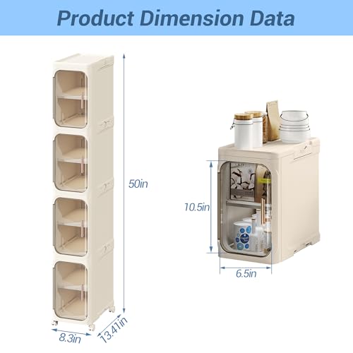 Tall Narrow Storage Cabinet, Silm Bathroom Organizers with Wheels, Golden Handle, Anti-Tip Storage Cabinet with Adjustable Shelves for Kitchen, Laundry(4tier-Cream)