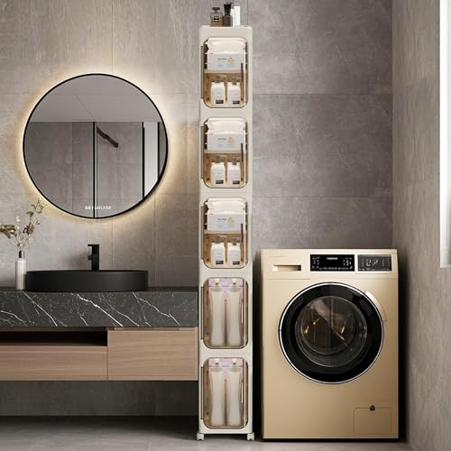 Tall Narrow Storage Cabinet, Silm Bathroom Organizers with Wheels, Golden Handle, Anti-Tip Storage Cabinet with Adjustable Shelves for Kitchen, Laundry(5tier-Cream)