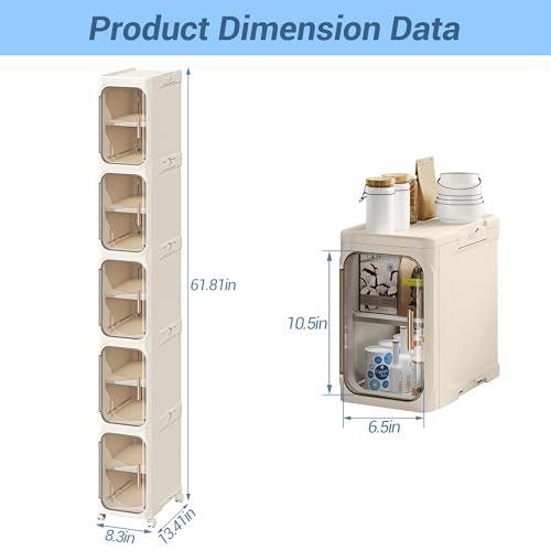 Tall Narrow Storage Cabinet, Silm Bathroom Organizers with Wheels, Golden Handle, Anti-Tip Storage Cabinet with Adjustable Shelves for Kitchen, Laundry(5tier-Cream)
