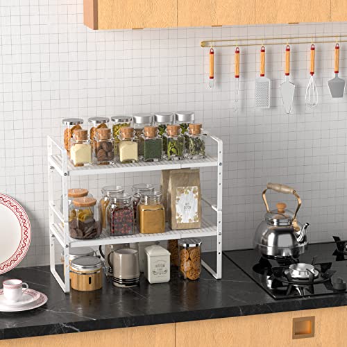 ARCCI Expandable Kitchen Cabinet Shelf Organizers 2 Pack, Stackable Metal Pantry Storage Shelves Rack, Adjustable Counter Shelf for Cabinets, Countertop, Cupboard Organizers and Storage, White