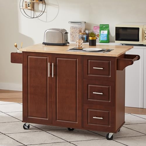 GYYBED Kitchen Island with Drop Leaf Countertop, Rolling Kitchen Island Cart, Barn Door Kitchen Island Table with Storage Cabinet and Tower Rack, Small Kitchen Island (Retro Brown)