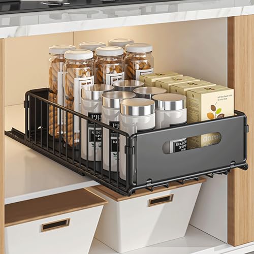 Topjia Pull Out Cabinet Organizer,Slide Out Drawers for Kitchen Cabinet,Sliding Kitchen Organizers for Kitchen Cabinets, Pantry, Bathroom(9.65 * 14.76 * 3.94in, Black)