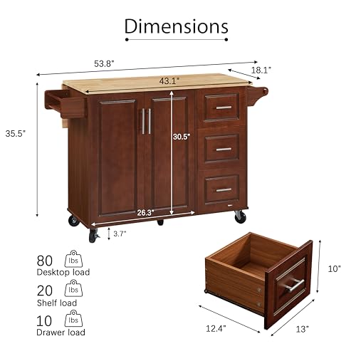 GYYBED Kitchen Island with Drop Leaf Countertop, Rolling Kitchen Island Cart, Barn Door Kitchen Island Table with Storage Cabinet and Tower Rack, Small Kitchen Island (Retro Brown)