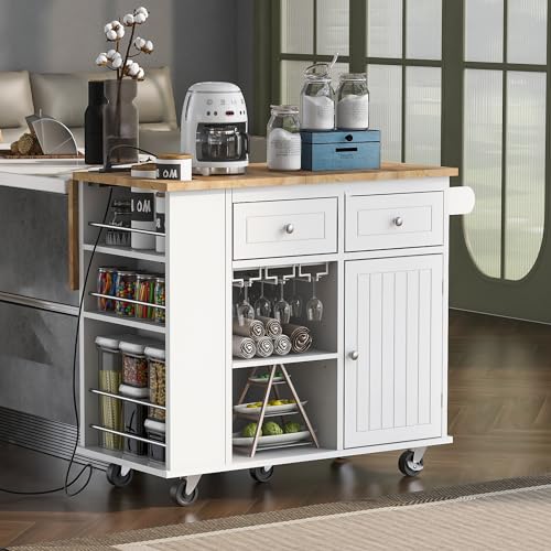 Rolling Kitchen Island With Storage Big Kitchen Island With Power Outlet Moveable Kitchen Island With Drawers And Drop Leaf For Home Kitchen And Farmhouse Kitchen Island With Wine Rack (White)