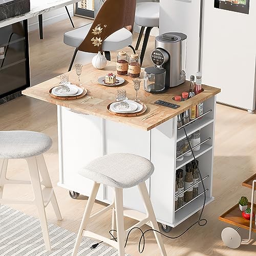 Rolling Kitchen Island With Storage Big Kitchen Island With Power Outlet Moveable Kitchen Island With Drawers And Drop Leaf For Home Kitchen And Farmhouse Kitchen Island With Wine Rack (White)