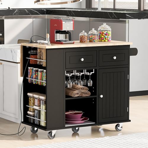 Rolling Kitchen Island With Storage Big Kitchen Island With Power Outlet Moveable Kitchen Island With Drawers And Drop Leaf For Home Kitchen And Farmhouse Kitchen Island With Wine Rack (Black)