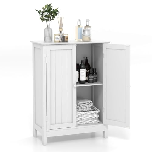 COSTWAY Bathroom Storage Cabinet, Freestanding Bathroom Organizers and Storage with Doors & Adjustable Shelf, Wooden Floor Cabinet for Home, Living Room, Entryway, Kitchen (White)