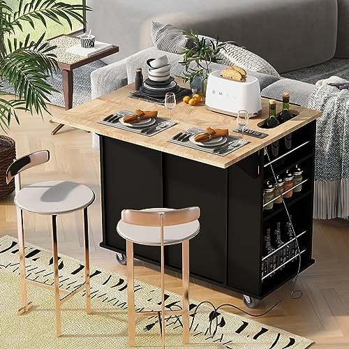 Rolling Kitchen Island With Storage Big Kitchen Island With Power Outlet Moveable Kitchen Island With Drawers And Drop Leaf For Home Kitchen And Farmhouse Kitchen Island With Wine Rack (Black)