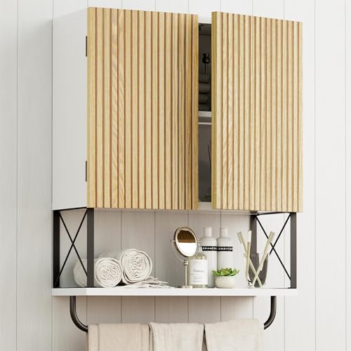 HOKYHOKY Bathroom Wall Medicine Cabinet, Fluted Hanging Bathroom Wall Mounted Cabinet with Towel Bar, Above Toilet Storage Cabinet for Bathroom Organizers and Storage, Medium Size, White