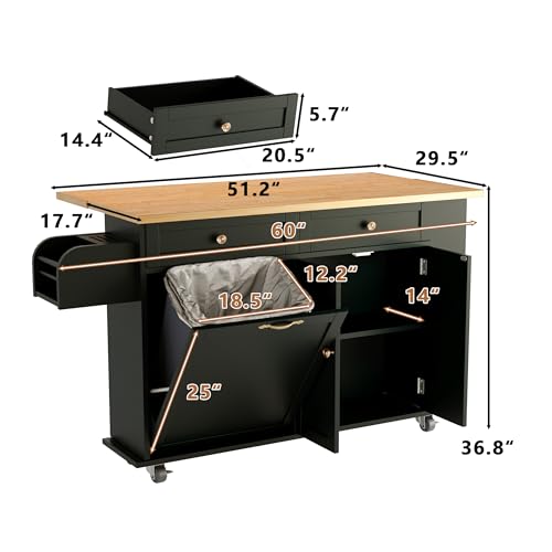 CayugaCrekrd Rolling Kitchen Island with Drop Leaf, Kitchen Island Cart with Trash Storage Cabinet, Kitchen Rolling Island with Spice Rack & Knife Holder, Mobile Island Table for Kitchen, Black