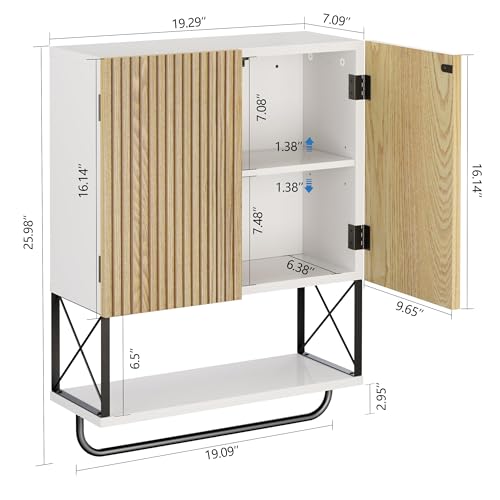 HOKYHOKY Bathroom Wall Medicine Cabinet, Fluted Hanging Bathroom Wall Mounted Cabinet with Towel Bar, Above Toilet Storage Cabinet for Bathroom Organizers and Storage, Medium Size, White