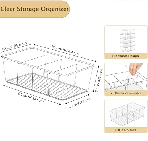 Pantry Organizers and Storage,Kitchen Organizers and Storage for Fridge,Drawer and Refrigerator - Spice Organization for Cabinet,Clear Plastic Stackable Organizer Bins with 3 Dividers (7 Pcs)